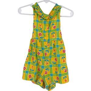Honors Baby Vintage 90's Yellow Green Plaid Floral Baby Girl Criss Cross Romper
